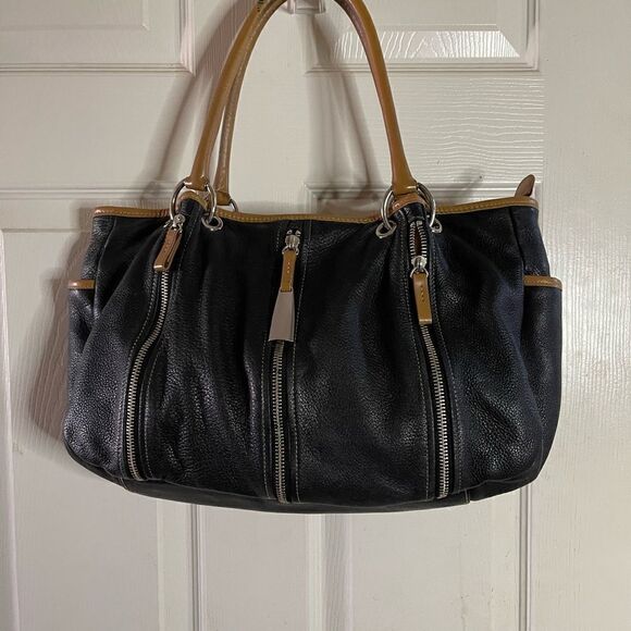 Paola by Perlina black soft pebble leather shoulder bag with tan traps &… - Picture 8 of 16